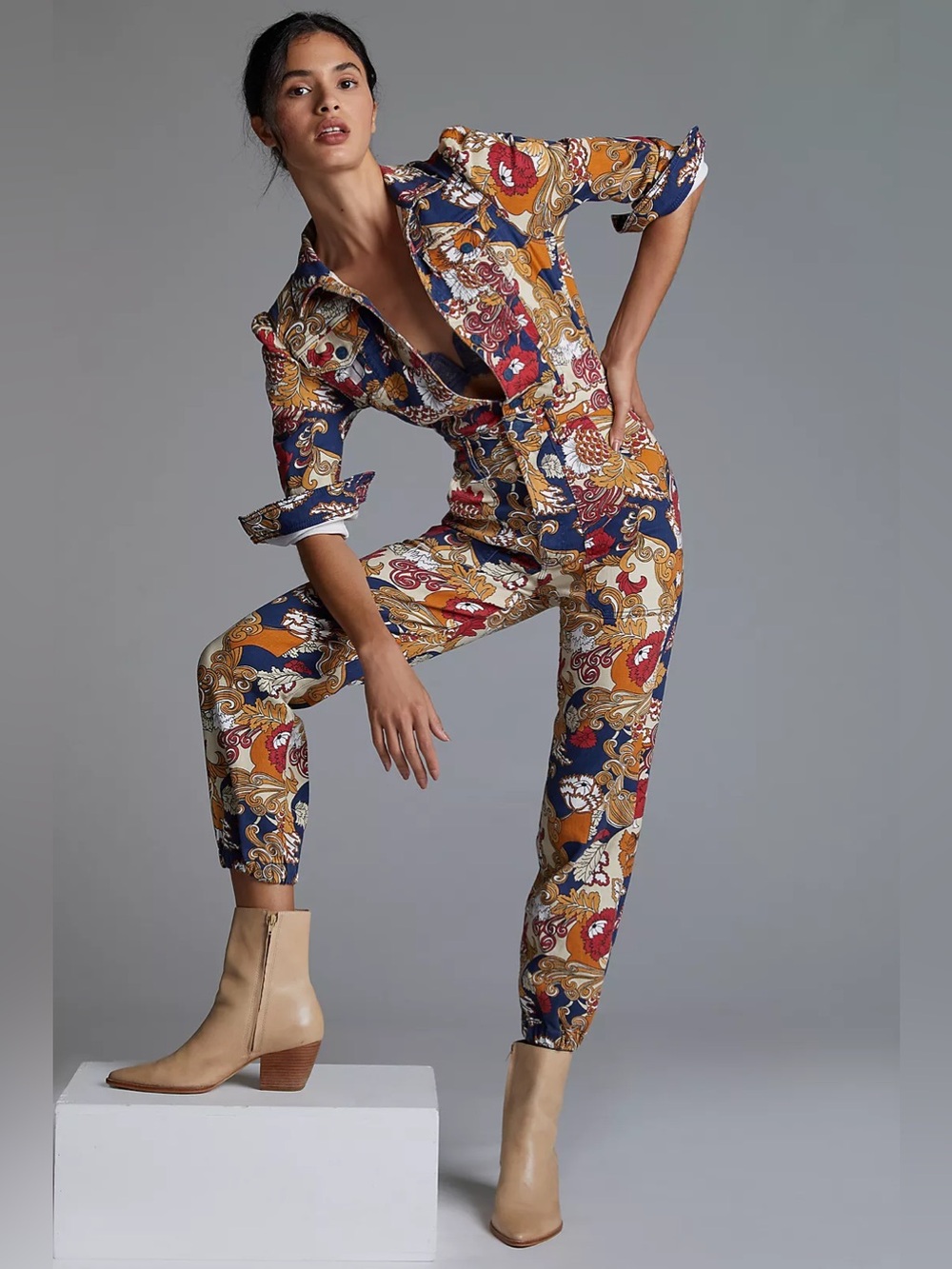 MOTHER The Puffy Wrapper Floral Denim Jumpsuit Small MSRP $425 EUC